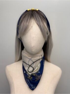 Navy Blue Square Scarf Chain Print Gold Detail Magnetic Corners 23”